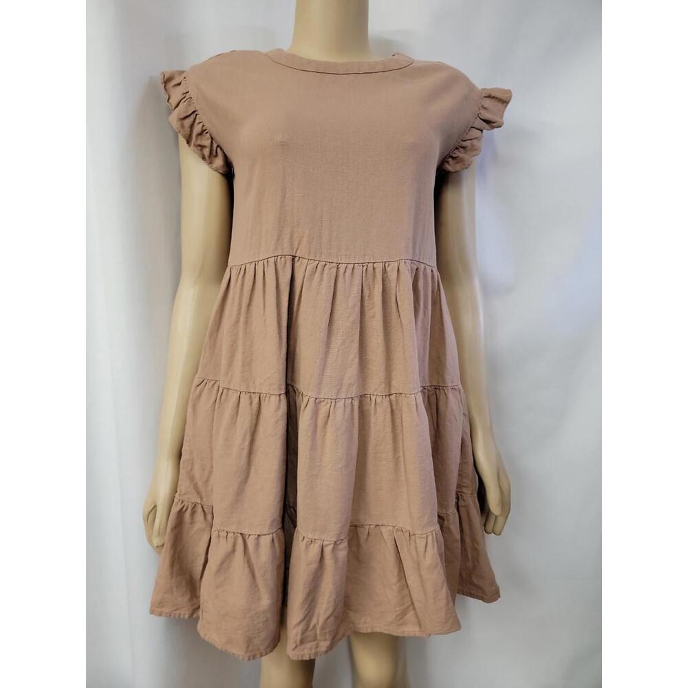 Adyson Parker Tan Linen Blend Tiered Ruffled Women's Dress NEW #C
